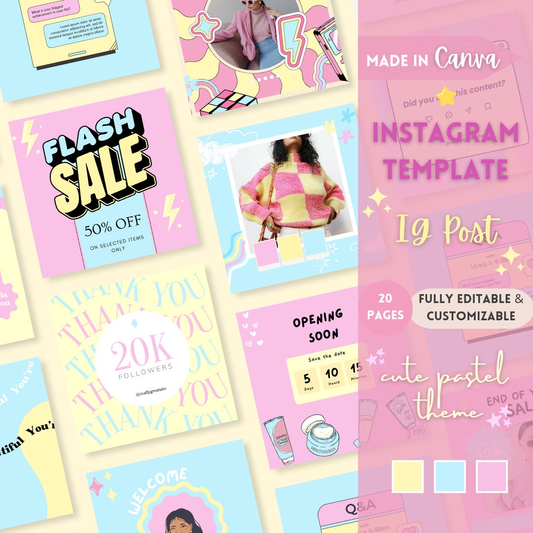 20 Instagram Post Templates Canva - Done for You Cute Pastel Theme ...