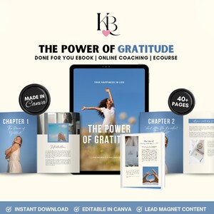 May include: A digital ebook cover with a blue sky background and a woman with arms outstretched. The cover text reads "The Power of Gratitude: True Happiness in Life". The ebook is described as a "Done For You Ebook | Online Coaching | Ecourse". The cover also includes a chapter title "The Power of Gratitude" and a chapter number "Chapter 1".