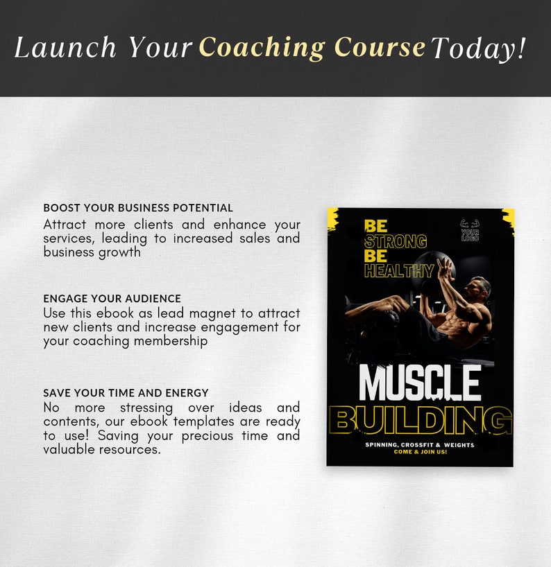 May include: A black and yellow poster with the text "Be Strong Be Healthy" and "Muscle Building" with a man doing a sit-up exercise. The poster also includes the text "Spinning, Crossfit & Weights Come & Join Us!"