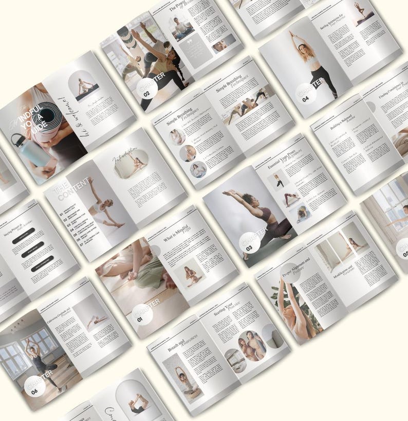 Op de afbeelding: Een gids voor mindful yoga met zes hoofdstukken, elk met een andere focus. De hoofdstukken omvatten: De geschiedenis van yoga, Eenvoudige ademhalingstechnieken, Functionele yoga-houdingen, Adem en aanwezigheid, Beginnen met je yogapraktijk en Diepere uitlijning en houding.