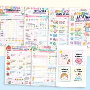 May include: A collection of six colorful printable homework planning sheets featuring pastel illustrations of rainbows, clouds, and cute characters. The pages include a reward chart, emotional check-in, visual schedule, station rules, focus tracker, and daily planner.