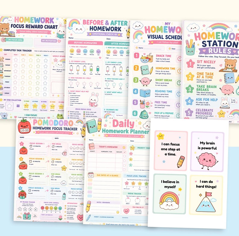 May include: A collection of six colorful printable homework planning sheets featuring pastel illustrations of rainbows, clouds, and cute characters. The pages include a reward chart, emotional check-in, visual schedule, station rules, focus tracker, and daily planner.