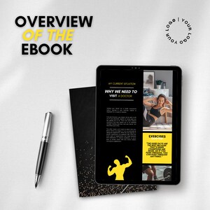 May include: A black tablet computer with a white background. The screen displays a fitness ebook with the title "Why We Need to Visit a Doctor" and a quote about hard days being the best days because that's when champions are made.