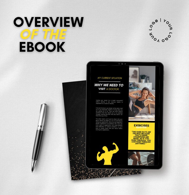 May include: A black tablet computer with a white background. The screen displays a fitness ebook with the title "Why We Need to Visit a Doctor" and a quote about hard days being the best days because that's when champions are made.
