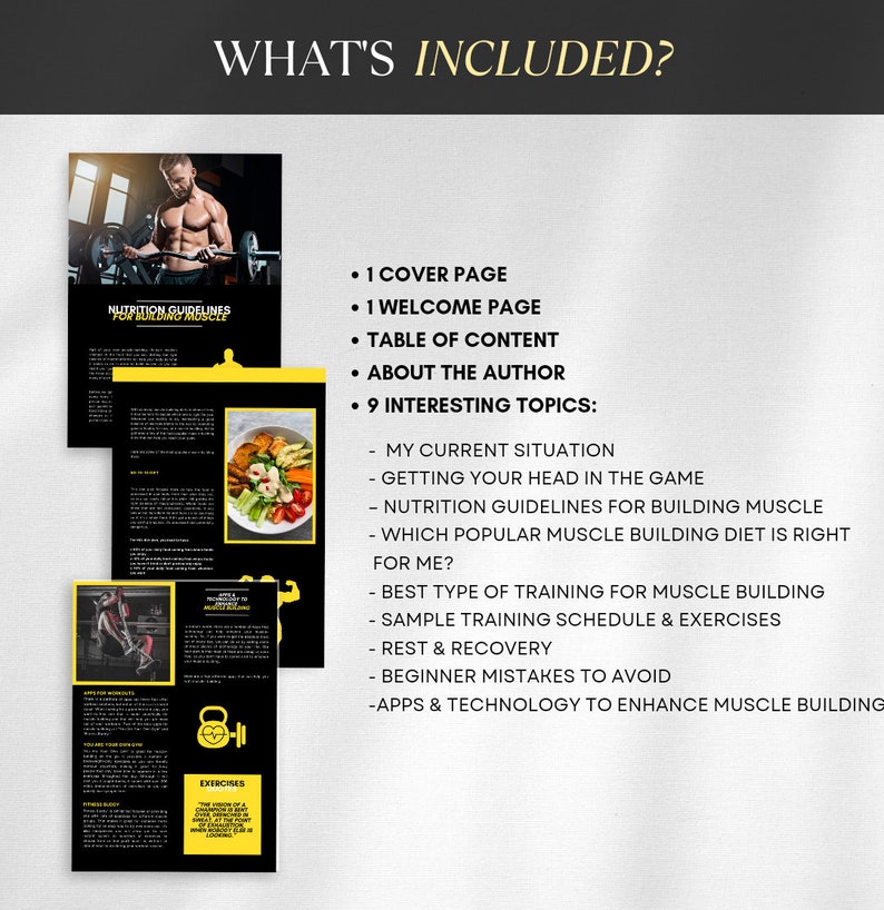 May include: A black and yellow digital guide with the text "What's Included?" and a list of topics related to building muscle. The topics include nutrition, training, and recovery.