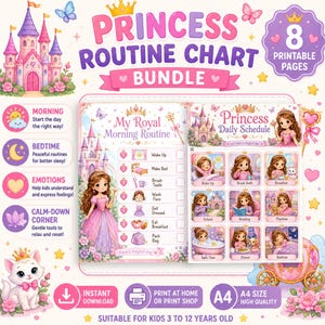 Op de afbeelding: Een prinsessenroutinekaart-bundel met 8 printbare pagina's. Het ontwerp bevat een roze kasteel, een cartoonprinses en een wit kitten. De tekst bevat 'Princess Routine Chart Bundle' en 'Princess Daily Schedule' met A4-formaat aanduiding.