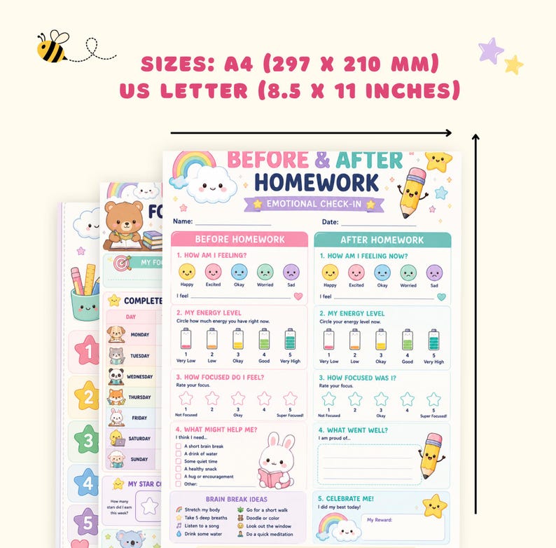 May include: A Before & After Homework emotional check-in printable sheet featuring colorful illustrations of a rainbow, cloud, and pencil. The document includes sections for feelings, energy levels, and focus, available in A4 (297 x 210 mm) and US Letter (8.5 x 11 inches) sizes.