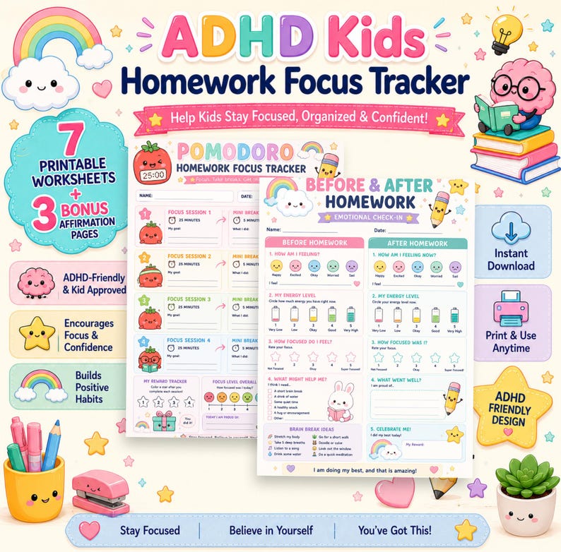 May include: A digital ADHD Kids Homework Focus Tracker set featuring two printable worksheets with colorful cartoon graphics, including a Pomodoro tracker and an emotional check-in sheet, surrounded by icons of a rainbow, brain, and stars.