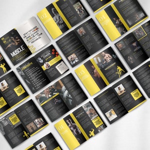 May include: A black and yellow fitness guide with the title "Muscle Building" and a table of contents. The guide features images of people working out and lifting weights.