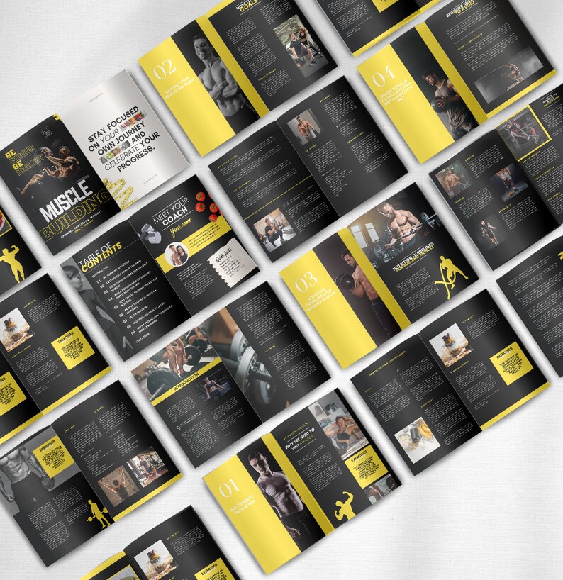 May include: A black and yellow fitness guide with the title "Muscle Building" and a table of contents. The guide features images of people working out and lifting weights.