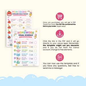 May include: Two printable homework tracker sheets featuring colorful cartoon graphics of tomatoes, pencils, and books. The sheets include text headers like POMODORO HOMEWORK FOCUS TRACKER and MY HOMEWORK VISUAL SCHEDULE with numbered lists, time slots, and checkboxes.