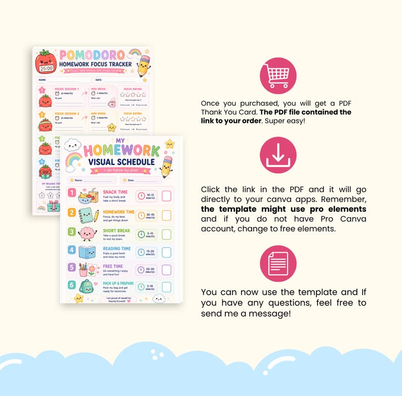 May include: Two printable homework tracker sheets featuring colorful cartoon graphics of tomatoes, pencils, and books. The sheets include text headers like POMODORO HOMEWORK FOCUS TRACKER and MY HOMEWORK VISUAL SCHEDULE with numbered lists, time slots, and checkboxes.
