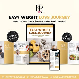 Op de afbeelding: Een digitale productmockup voor een e-book met de titel "Easy Weight Loss Journey". De e-bookcover bevat een kom havermout, dumbbells en een meetlint. De tekst "Your body achieves what your mind believes" is ook op de cover te vinden. Het e-book wordt beschreven als een "klaar voor gebruik" e-book, online coaching en e-cursus. De mockup bevat ook een "Made in Canva" stempel en een "40+ pagina's" label.