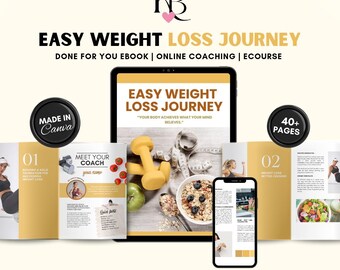 Op de afbeelding: Een digitale productmockup voor een e-book met de titel "Easy Weight Loss Journey". De e-bookcover bevat een kom havermout, dumbbells en een meetlint. De tekst "Your body achieves what your mind believes" is ook op de cover te vinden. Het e-book wordt beschreven als een "klaar voor gebruik" e-book, online coaching en e-cursus. De mockup bevat ook een "Made in Canva" stempel en een "40+ pagina's" label.