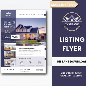 May include: A purple and white flyer with a photo of a house for sale. The flyer says "Exclusive Family Residence for Lease" and "£500 per month". It also includes a property detail section with information about the number of bedrooms, bathrooms, and car garages. The flyer also includes a "Get in Touch" section with a phone number and website address. The flyer is titled "Listing Flyer" and says "Instant Download".