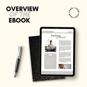 Op de afbeelding: Een grijze tabletcomputer die een e-bookcover weergeeft met de titel "The Power of Breath" en een citaat over het belang van ademhalen. De e-bookcover is op een witte achtergrond met een grijze rand. De tablet ligt op een zwart oppervlak met gouden glitter.
