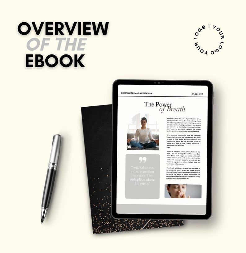 Op de afbeelding: Een grijze tabletcomputer die een e-bookcover weergeeft met de titel "The Power of Breath" en een citaat over het belang van ademhalen. De e-bookcover is op een witte achtergrond met een grijze rand. De tablet ligt op een zwart oppervlak met gouden glitter.
