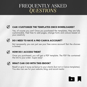 May include: A frequently asked questions graphic with a checklist of questions and answers about Canva templates. The questions include: Can I customise the templates once downloaded? Do I need to have a Pro Canva account? How do I access them? What can I do with this ebook?