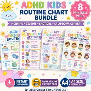 May include: ADHD Kids Routine Chart Bundle with 8 printable pages. Includes charts for morning, bedtime, emotions, and a calm-down corner. Features colourful illustrations and text, suitable for children aged 3 to 12 years old. Instant download.