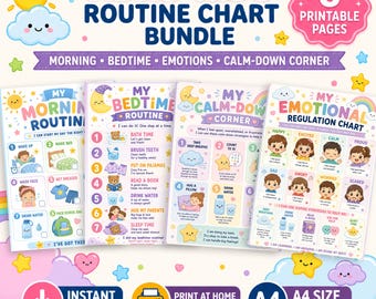 ADHD kinderen routine grafiekbundel afdrukbaar voor jongens en meisjes, kinderplanner, visueel dagelijks schema, ochtend, checklist voor bedtijd, werkbladen voor kinderen