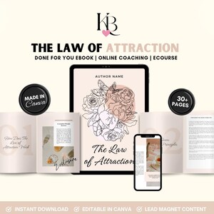 Op de afbeelding: Een digitale productmockup met een roze en witte ebook-omslag met een bloemenontwerp en de tekst "The Law of Attraction". De ebook maakt deel uit van een digitaal productpakket dat online coaching en een e-cursus omvat. De mockup bevat ook een zwart-witte stempel met de tekst "Made in Canva".