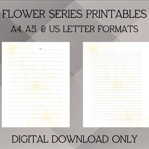 Diario fiore giallo stampabile, carta di cancelleria digitale, carta a righe, carta senza righe, set di carta da lettere, set di diario, A4, A5, Lettera, PDF