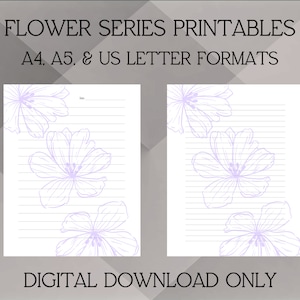Diario fiore viola stampabile, carta per cancelleria digitale, carta a righe, carta senza righe, set di carta da lettere, set di diario, A4, A5, Lettera, PDF