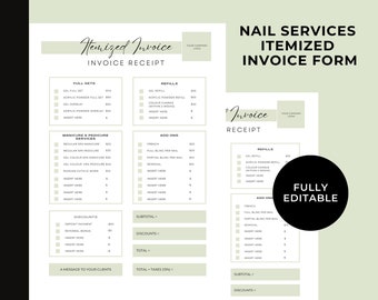 Itemized Nail Services Receipt | Nail Technician Form | Nail Client Form | Nail Client Receipt | Beauty Forms | Canva Template | Salon Form