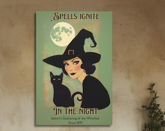 Vintage Witch and Black Cat Canvas Print, Halloween Decor