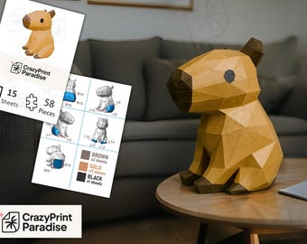 カピバラのペーパークラフトテンプレート：3Dローポリ動物モデル（PDF
