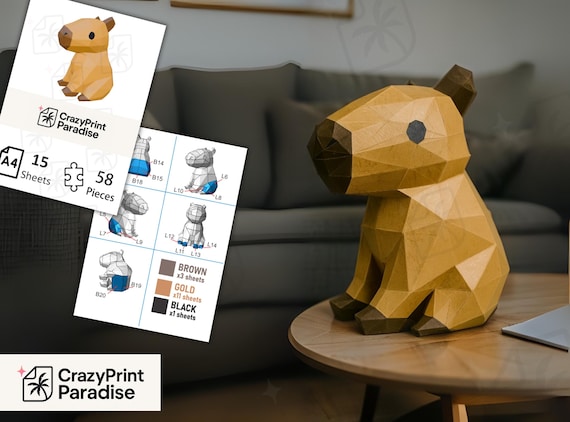 カピバラのペーパークラフトテンプレート：3Dローポリ動物モデル（PDF