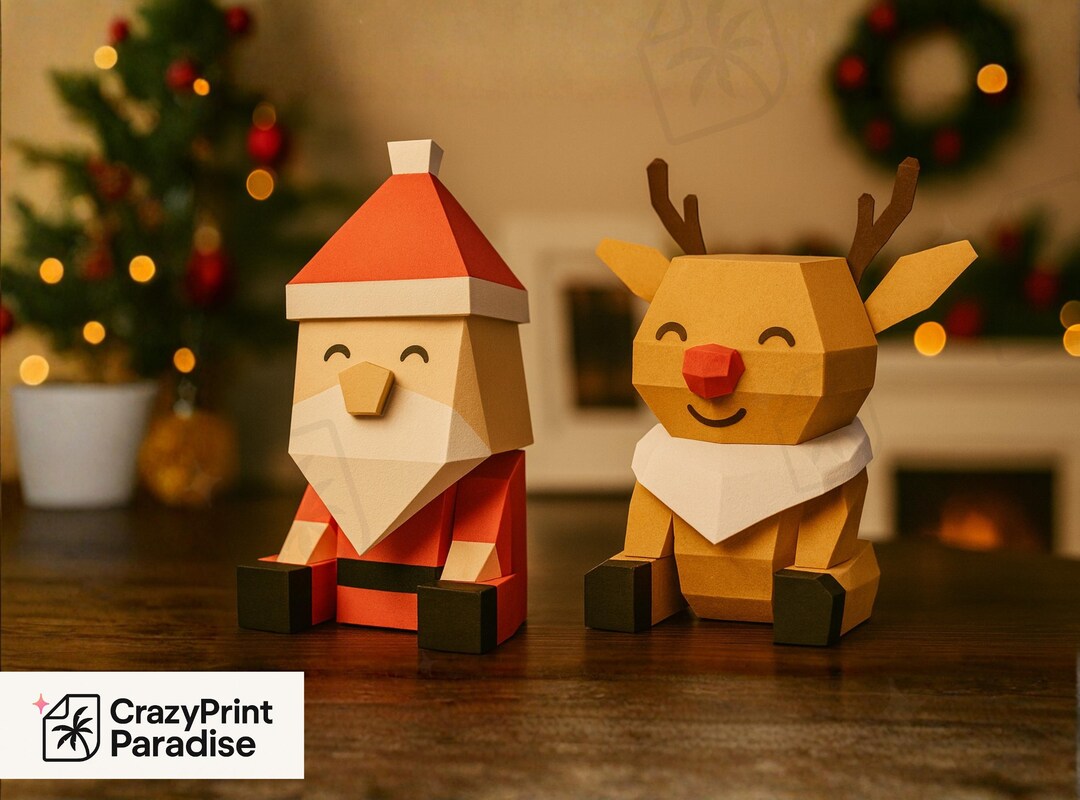 Papercraft Santa & Reindeer – Christmas 3D Low Poly Figures (printable ...