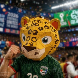 Puede incluir: Una máscara de jaguar de papel con diseño poligonal, patrón de manchas amarillas y negras, ojos grandes y orejas puntiagudas. La máscara se lleva sobre una camiseta de fútbol verde con el emblema United 2026 y un número visible.