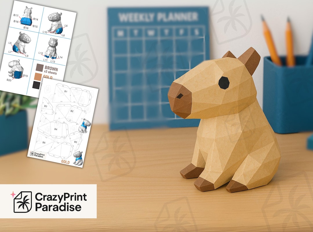 Capybara Papercraft Template Cute 3D Low Poly Paper Model, DIY Animal