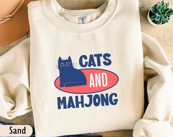 Mahjong Sweatshirt Women, Mahjong Sweater, Mahjong Gifts, Cat shirt, Cat Mom Sweatshirt, Gift for Mahjong Social Clubs