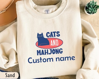 Custom Mahjong Sweatshirt Women, Personalised Mahjong Sweater, Mahjong Gift, Cat Shirt, Cat Mom Sweatshirt, Gift for Mahjong Player