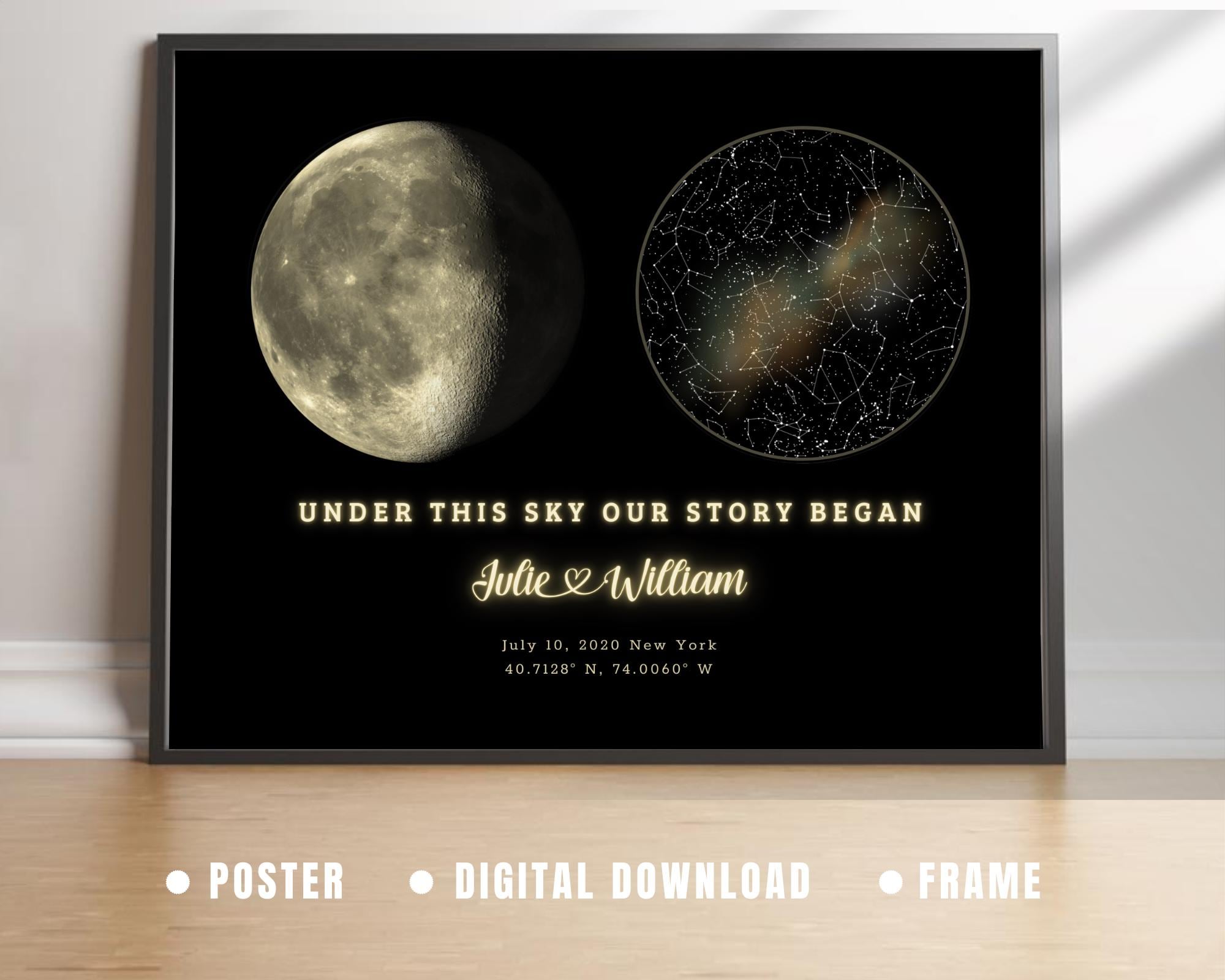 Custom Star Map Moon Phase, 1st Anniversary Gift, Gift for Mom, Valentines Day Gift, Night Sky Print, The Night We Met Personalized Sky Map