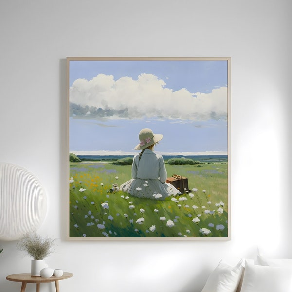 Dreamy Landscape Painting, Vintage Landscape, Flower Meadow, Girl Dreaming, Printable Wall Art