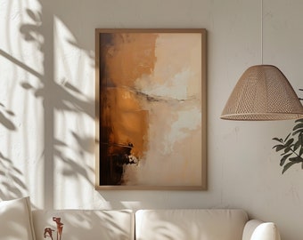 May include: A white sectional sofa with a wooden coffee table in a living room setting. The room has a light brown wooden floor and a white wall with a framed abstract painting in brown and beige tones. A wicker pendant lamp hangs above the sofa.