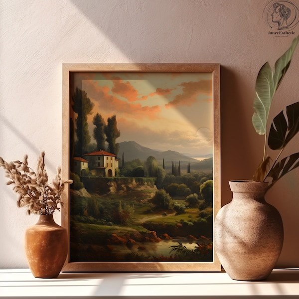 Italian Landscape Print, Mediterranean Art, Tuscany Painting, Antique Italian, Printable Wall Art