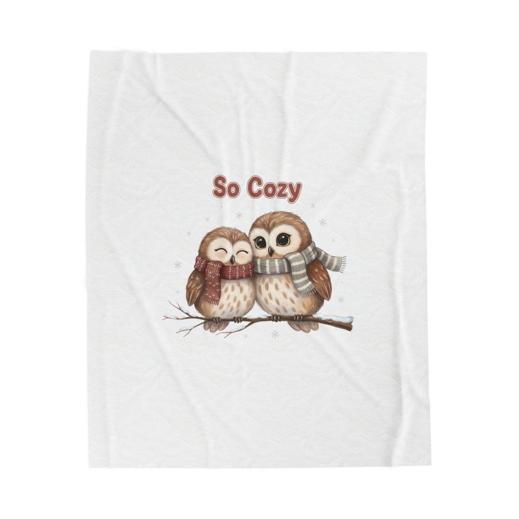 Cozy Owls Illustration Velveteen Plush Blanket | cute winter animal, woodland creature