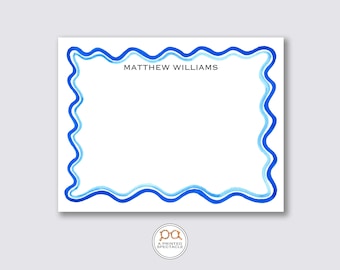 Personalized Blue Wavy Notecard Set: Watercolor Stationery