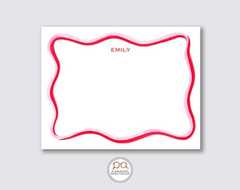 Personalized Pink & Red Wavy Notecard Set: Scallop Stationery