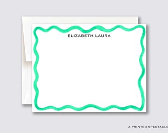 Personalized Green Wavy Notecard Set: Watercolor Stationery Gift