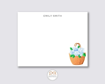 Blue Hydrangea Market Basket Personalized Notecard Set: Watercolor Design