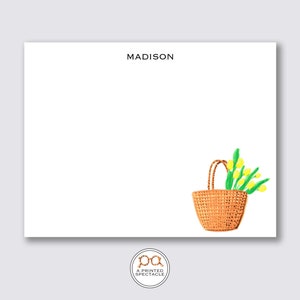 Grote marktmand Tote met gele tulpen gepersonaliseerde notitiekaartenset | Bedankt, meisjes Notecard, moedercadeau, preppy, gastvrouw cadeau, Parijse