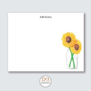 Zonnebloemvaas gepersonaliseerde Notecard Set | Bedankt, bloemen, gastvrouw cadeau, vrouwelijk, preppy aquarel, moderne notitiekaart, meisjes briefpapier