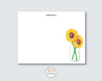Personalized Sunflower Vase Notecard Set: Watercolor Floral Stationery