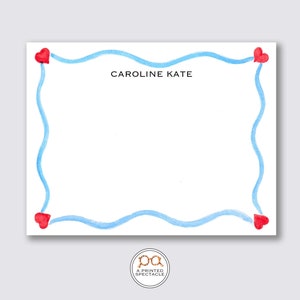 Rode Harten Hoek Blauwe Golvende Gepersonaliseerde Notecard Set | Babyshower, vrouwelijk, notitiekaarten voor kinderen, vrijgezellenfeest, meisjesbriefpapier, cadeau voor haar