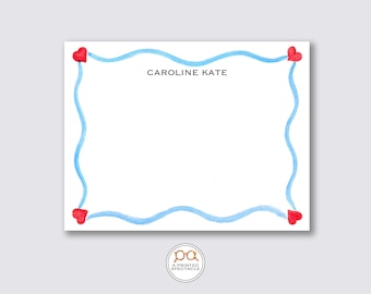 Personalized Watercolor Notecard Set: Red Hearts, Blue Waves